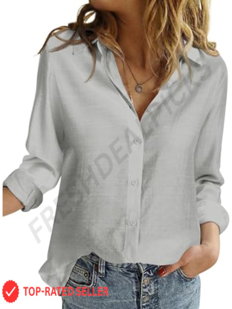 Linen Blend Button Down Long Sleeve Blouse Work Shirt